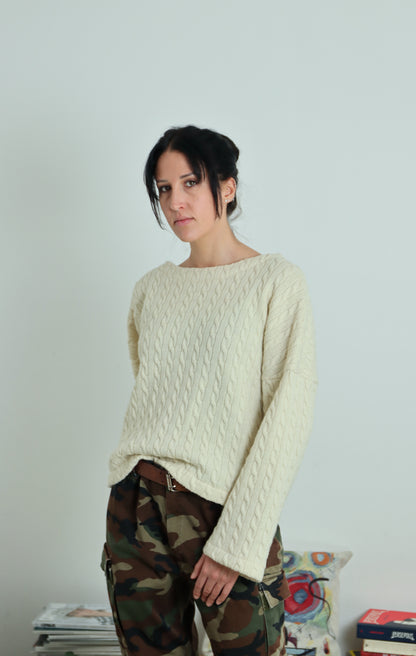 Maglione 100% lana - var trecce crema- PREORDINE